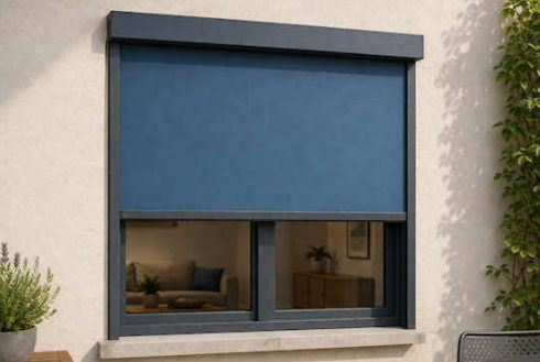 Store screen ZIP pour protection solaire extérieure Store screen ZIP extérieur filtrant le soleil devant une baie vitrée